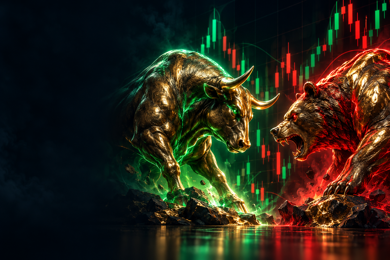 Gold bull and bear facing each other against green and red candlesticks